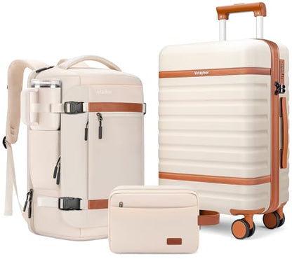 Luggage Sets 3 Piece with Spinner Wheels, Lightweight PC Hardside Suitcase with TSA Lock & YKK Zippers, 20 Inch Carry On Luggage with Travel Bag for Men and Women, Beige - color: Beige, size: 3 Piece Set (20inch)