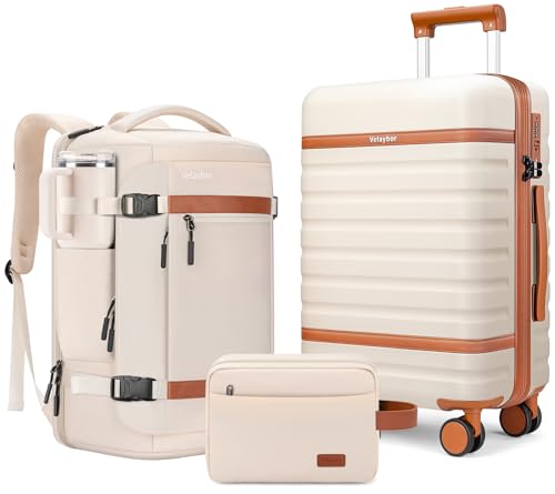 Luggage Sets 3 Piece with Spinner Wheels, Lightweight PC Hardside Suitcase with TSA Lock & YKK Zippers, 20 Inch Carry On Luggage with Travel Bag for Men and Women, Beige - color: Beige, size: 3 Piece Set (20inch)