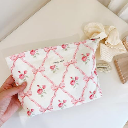 Wudygirl Makeup Bag Cosmetic Bag for Women Pink Pow Makeup Pouch Cute Makeup Organizer Portable Handbag Toiletry Bag Large Capacity Zipper Pouch (Pink Pow) - color: Pink Bow