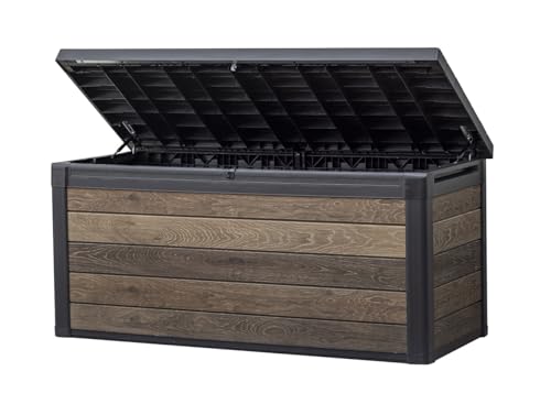 Keter Signature Collection 150 Gallon Resin Deck Box Organization and Storage Box for Patio Outdoor Cushions, Throw Pillows, Garden Tools and Pool Supplies, Walnut - color: Walnut, size: 150 Gallon