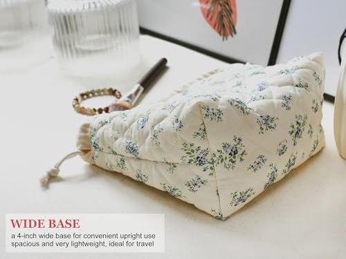 HAPPYHEIDI Large Floral Quilted Cotton Drawstring Makeup Bag Compartment Cosmetic Toiletry Accessory Travel Pouch Purse Organizer, Blue Gourd - color: KJM-Quilted Cotton Pouch with Compartment Set of 1-Blue Gourd