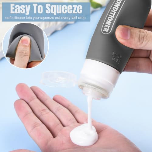 Pre-printed Silicone Travel Bottles for Toiletries 3oz | TSA Approved, Leak Proof, Squeezable Containers For Shampoo Conditioner, Travel Essentials, with Clear Bag, 4 Pack - color: dark color 4