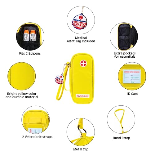 EpiPen Medical Carrying Case Insulated, Travel Medication Organizer Bag Emergency Medical Pouch, Fits 2 EpiPens, Asthma Inhaler, Anti-Histamine, Auvi-Q, Allergy Medicine Essentials, Bright Yellow - color: Yellow