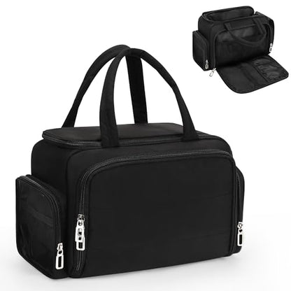 Travel Toiletry Bag for Women, Lightweight Wide-open Toiletries Travel Bag with Handle, Large Cosmetic Organizer with Makeup Brushes Compartment for Essentials for Trip, Camping - Black