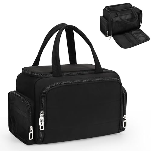 Travel Toiletry Bag for Women, Lightweight Wide-open Toiletries Travel Bag with Handle, Large Cosmetic Organizer with Makeup Brushes Compartment for Essentials for Trip, Camping - Black