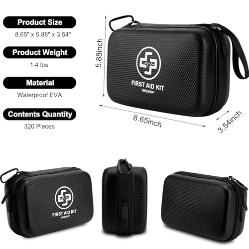 VRIEXSD Premium First Aid Kit, 320 Piece Waterproof Hard Shell Eva First Aid Kit for Home, Camping, Cars, Hiking, Travel, Businesses & Outdoor Emergencies - Emergency Medical Kits (Black) - color: Black