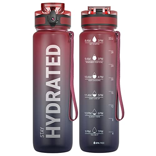 Sahara Sailor Water Bottle 32oz, Durable and Leakproof Water Bottles Motivational with Time Marker, Tritan, BPA Free, Wide Mouth with Easy Clean Brush for Gym, Travel, Home, School, Office (1 Bottle) - color: Dark Rainbow, size: 33.8 Ounces