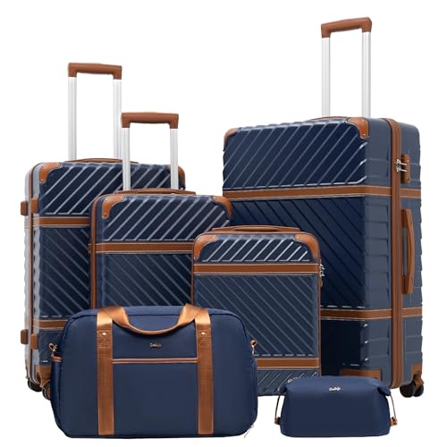 Coolife Luggage Set Suitcase Carry On Luggage PC Hardshell Luggage TSA Lock Spinner Wheels Telescopic Handle - color: Navy, size: 6 piece set