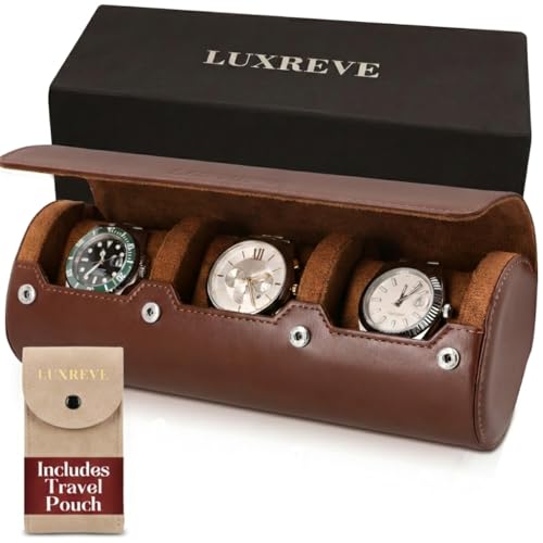 Luxury Father's Gift, Travel Watch Case 3 Slots, Bonus Pouch Included, Portable Organizer, PU Leather Watch Roll, Home Storage, Angled Easy-Removal Cushions, Scratch-Resistant Padded Velvet Lining - color: Brown/Light Brown