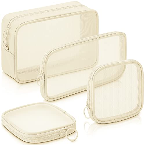 Weewooday 4 Pcs Mesh Makeup Bag Mesh Cosmetic Bag Travel Toiletry Pouch with Zipper Mini Makeup Cosmetic Purse for Daily Accessory(Small, Large, Medium,Beige) - color: Beige, size: Variety Pack