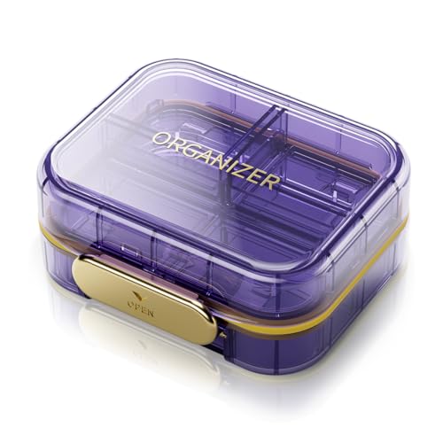 Portable Travel Pill Organizer with 7 Compartments - Perfect Weekly Pill Case Waterproof Pill Box for Daily Vitamins and Medicine, Small Pill Container for Pocket Purse (Purple) - color: Purple