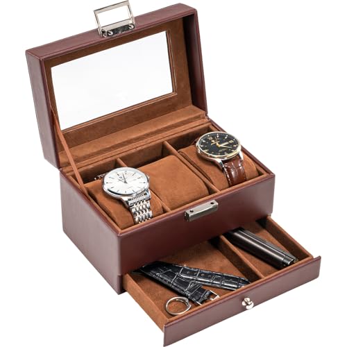 ProCase Watch Box, 3 Slot Watches Display Case with Drawer, Mens Watch Case with Glass Lid, 2-Layer Mens Jewelry Organizer Storage Holder, Birthday Valentine Gifts for Men-3 Slot, Espresso - color: Espresso, size: 3-Slot
