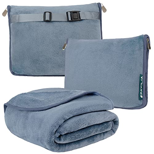 PAVILIA Travel Blanket Pillow, Soft Airplane Blanket 2-IN-1 Combo Set, Plane Blanket Compact Packable, Flight Essentials Car Pillow, Travelers Gift Accessories Luggage Backpack Strap, 60x43 Slate Blue - color: Dusty Blue