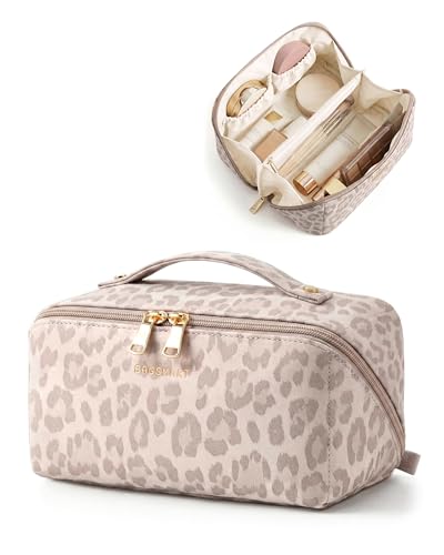 BAGSMART Makeup Bag Travel Cosmetic Bag, Large Make Up Bag Flat Open Toiletry Bag for Women, PU Leather Travel Essentials Organizer Case, Wide-open Pouch Purse for Skincare, Brushes, Pink Leopard - color: 07- Pink Leopard