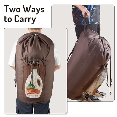Seiritex Large Laundry Backpack Bag with Detergent Holder and Adjustable Shoulder Straps, Clothes Laundry Backpack for College, Travel, Apartment, Laundromat, Dorm Room (Brown) - color: Brown
