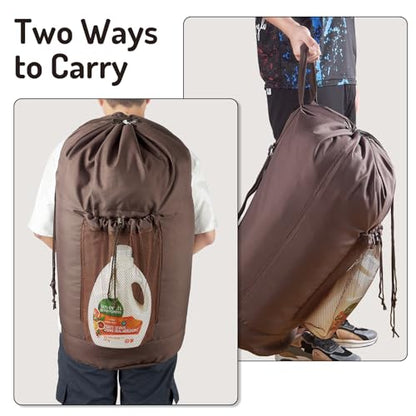 Seiritex Large Laundry Backpack Bag with Detergent Holder and Adjustable Shoulder Straps, Clothes Laundry Backpack for College, Travel, Apartment, Laundromat, Dorm Room (Brown) - color: Brown