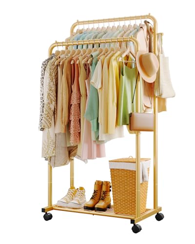 Sakugi Clothes Rack - Double Rods Clothing Rack with Mesh Shelf, Hooks & Wheels, Metal Clothing Racks for Hanging Clothes & Bags, Multifunctional Garment Rack for Laundry, Gold, 28.7" x 16.5" x 59.1" - color: Gold, size: Large 28.7"W x 16.5"D x 59.1"H