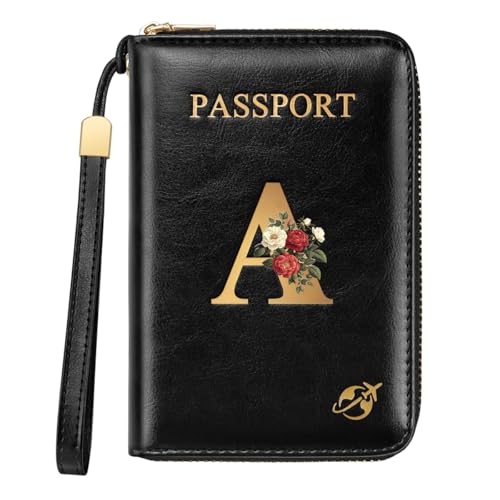 Passport Holder for Travel Women Wallet Personalized Roses Initial Letter A RFID Blocking Travel Wallets Passport Cover for Women, Valentine's Day Gift for Wife or Girlfriend, A - color: Black, size: A