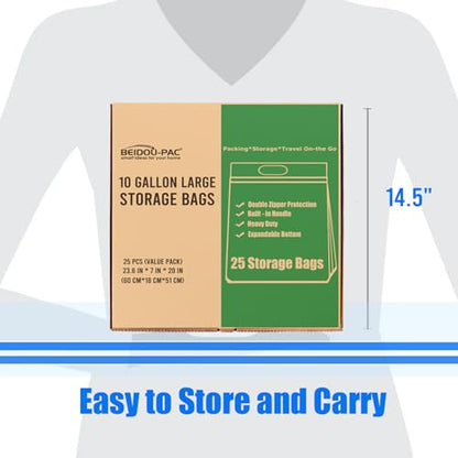 BEIDOU-PAC 10 Gallon Large Storage Bags with Handle, 25 Counts | Double Zipper Seal | Expandable Bottom, Resealable Clear zip Bags - style: Zip-10 gallon-25