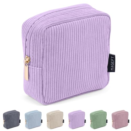 MAGEFY Small Makeup Bag for Purse Mini Cosmetics Bag Corduroy Cute Cosmetic Pouch for Women with Slip-in Pockets - color: Small-Purple-1pcs