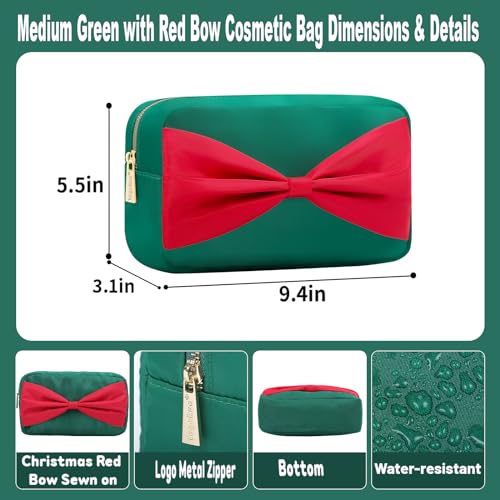 Small Nylon Toiletry Kit Bag for Travelling Women Fashion Cosmetic Pouch Cute Makeup Bag with Bow (M,Green-Bow) - color: Green-Bow, size: M