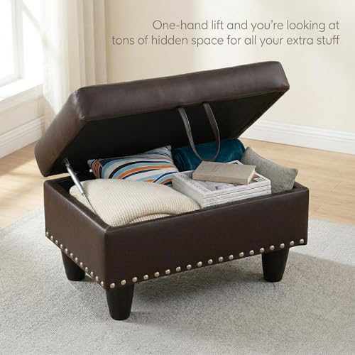 28.5 Inch Storage Ottoman Bench with Hidden Storage, PU Leather Upholstered Foot Rest Stool, Tufted End of Bed Bench for Bedroom Living Room, Easy to Clean, Linen Brown - color: Dark Brown
