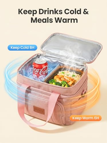 Rnivvi Lunch Box for Women, Double Decker Insulated Cooler Bag Lunch Bag Reusable Leakproof Tote Lunch Container with Strap for Work Family Picnic Hiking Camping, 18 Cans 12L, Large Adults, Pink - color: Pink