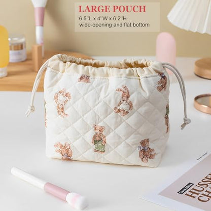 HAPPYHEIDI Quilted Cotton Drawstring Makeup Bag Set 2 Size w Compartment Cosmetic Toiletry Travel Pouch,Purse Organizer,Brown Teddy Bears - color: KJM-Quilted Cotton Pouch with Compartment Set of 2- Cute Teddy Bears
