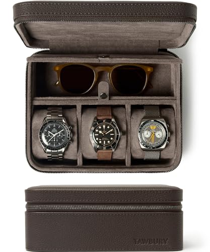 TAWBURY 3 Watch Case with Storage Compartment – Top-Grain Leather Watch Travel Case for Men | Leather Watch Roll Travel Case | Travel Watch Cases for Men | Travel Watch Box for Men Leather - color: Brown, size: 3 Watch Case with Storage