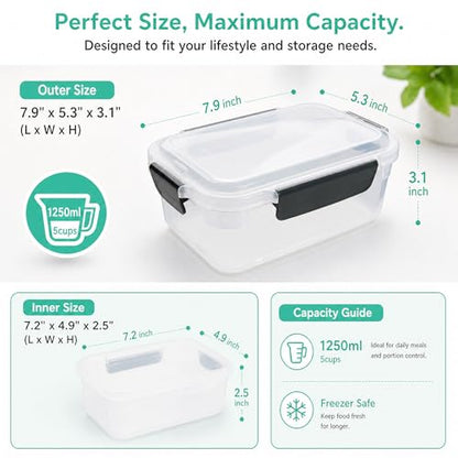 YORY 5 cup Plastic Food Storage Containers with Lids Nestable Freezer Dishwasher Safe Rectangle Meal Prep Container Set,5-Pack - size: 5 cups