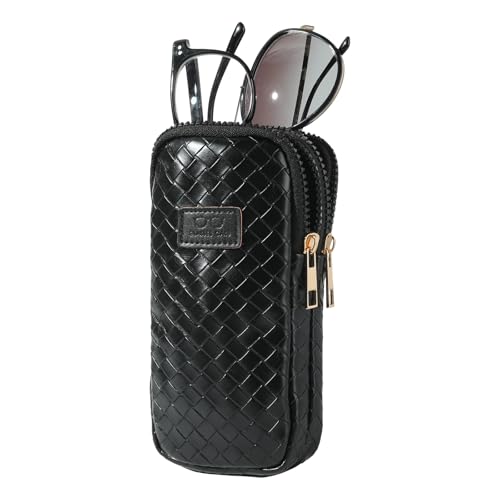 KINIVA Double Eyeglass Case for Men Women, 2-in-1 PU Dual Sunglasses Case, Scratch-Proof Travel Eyeglass Holder for Purse Car - style: Black Woven