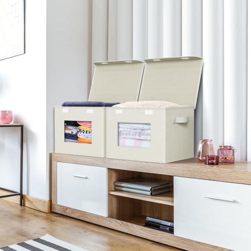 Univivi Fabric Foldable Storage Boxes with Lids [4-Pack] Collapsible Storage Bins for Clothes Closet Organizers with Handles Storage Cube Basket for Home, Office, Bedroom (Beige, 17"" x 12"" x 12"") - color: Beige Linen Pattern, size: 17''-4 Pack