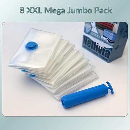 8 Mega Jumbo XXL Vacuum Storage Bags with Pump, Supersized Compression Space Saver for Comforter, duvet, Bedding, Blanket storage, Vacuum Seal Bags for Clothing, Durable Safe Poly Material - size: 8 Mega Jumbo XXL