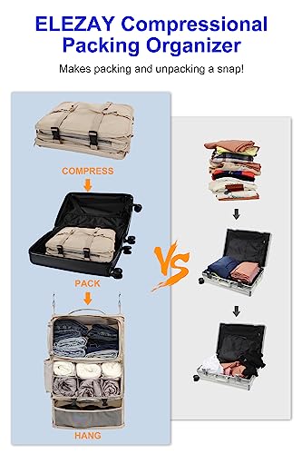 ELEZAY Hanging Packing Cubes Portable Closet 3-Shelf Travel Collapsible Compression Garment Organizer for Carry-on Luggage Suitcase Space Saver Bag XX-Large_No Side Pockets, Beige - color: Beige, size: XX-Large_16*12*24 IN