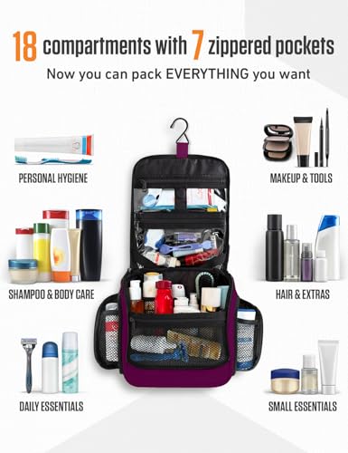 VENTURE 4TH Hanging Travel Toiletry Bag for Women & Men – Large Toiletry Organizer with 18 Compartments, Removable TSA Pouch, Travel Wash Bag for Toiletries, Makeup & Shaving Kit (Purple) - color: Purple