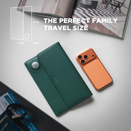 VULKIT Family Passport Holder for 4 Leather Passport Wallet with Airtag Slot Multiple Passport Holder RFID Blocking Bifold Travel Documents Organizer - color: Green