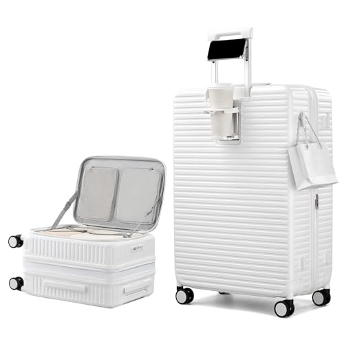 HanTrip Hard Shell Expandable Luggage Sets 2 Piece with Spinner Wheels Cup Holder, Top Opening Lightweight Luggage Rolling Suitcase with Lock, Carry On And Checked Luggage Set 2 Piece (White, 20/28) - color: White, size: Expandable 2-Piece Set(20/28)