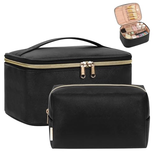 OCHEAL Makeup Bag Set, Portable Travel Makeup Bags Cosmetic Organizer Bag for Women Cute Floral Cosmetic Pouch Large Capacity Make up Bag PU Leather Toiletry Bags with Divider and Handle-Black - color: 0020_Black Set of 2, size: Medium