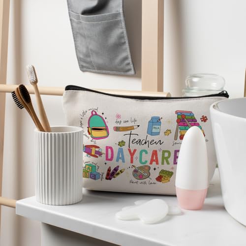 Daycare Teacher Makeup Bag for Purse, Kindergarten Teacher Gifts Cosmetic Bag Travel Toiletry Bag for Women, Preschool Teachers Appreciation Gifts Zipper Makeup Pouch - color: Teacher