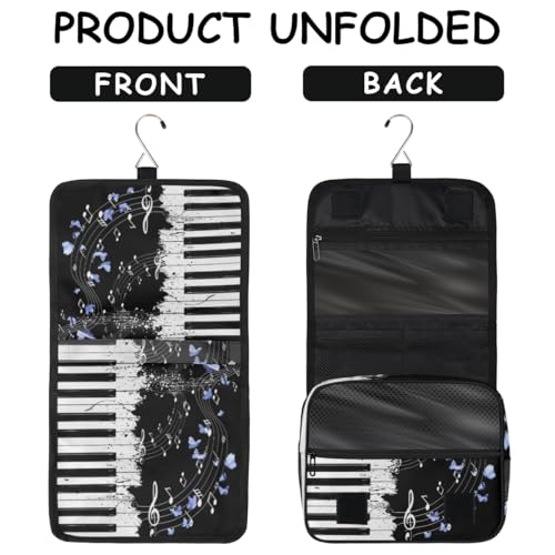 Hanging Travel Toiletry Bag for Women, Graceful Piano Butterflies Water Resistant Polyester Organizer with Hook & Handle, Large Capacity Cosmetic Bag for Travel, Gym, Camping - color: Graceful Piano Butterflies