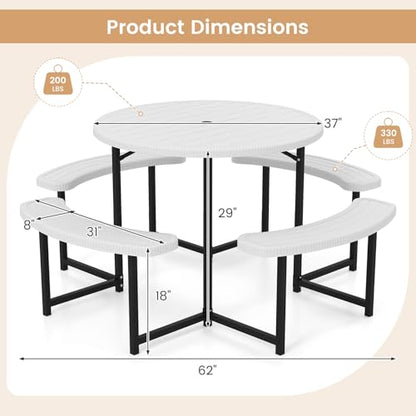 Tangkula 8 Person Picnic Table, HDPE Outdoor Round Table and Bench Set with 4 Built-in Benches, Umbrella Hole, Metal Frame for Garden Yard Patio Lawn - color: White