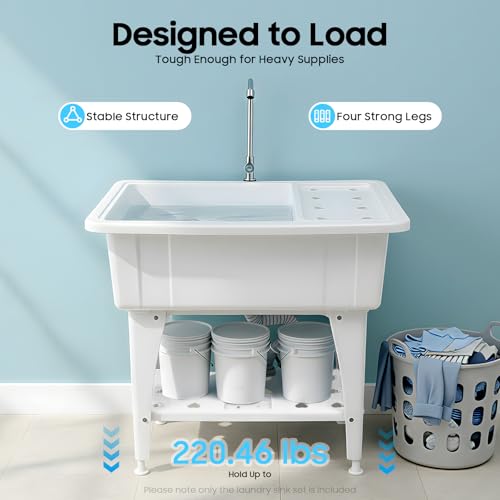 Freestanding Plastic Laundry Sink, Utility Sink Laundry Tub with Faucet, Indoor and Outdoor Utility Sink Hoses and Drain Kit, Slop Sink Wash Station for Garage/Basement/Garden - color: White, 32.3 x 22.4 x 29.9in