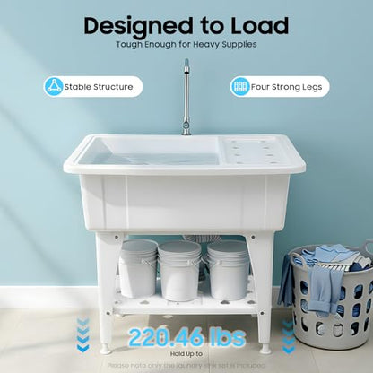 Freestanding Plastic Laundry Sink, Utility Sink Laundry Tub with Faucet, Indoor and Outdoor Utility Sink Hoses and Drain Kit, Slop Sink Wash Station for Garage/Basement/Garden - color: White, 32.3 x 22.4 x 29.9in
