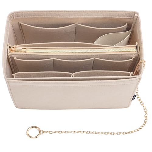 Purse Organizer Insert, Handbag Organizer with Zipper, Tote Shaper with Cup Holder & Keychain, Compatible with LV, Neverfull, MK, COACH, Longchamp, Kate Spade – Beige-Med - color: Beige, size: Medium
