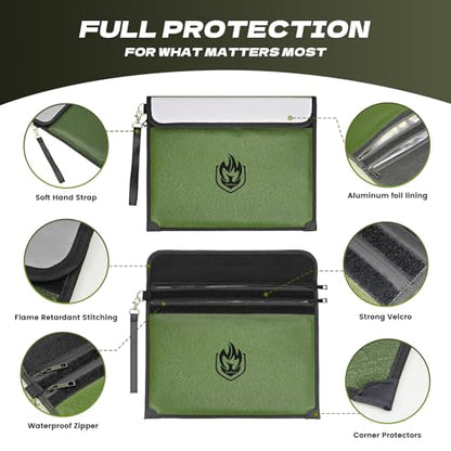 2 Pockets Fireproof Document Bag 6200°F, 10 Layers Waterproof Fireproof Money Bag for Cash with Reflective Strip, Heat Insulated Waterproof Document Holder Pouch, Fire Safe Storage (Green) - color: Green
