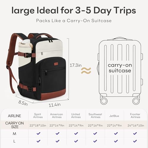 mibasies 30L Travel Backpack for Women & Men: Flight Approved Carry On Backpack, TSA Personal Item Bag with Water Bottle Pocket, Weekender Essentials Backpacks fits 15.6" Laptop - Black White Brown - color: Black White Brown, size: Large