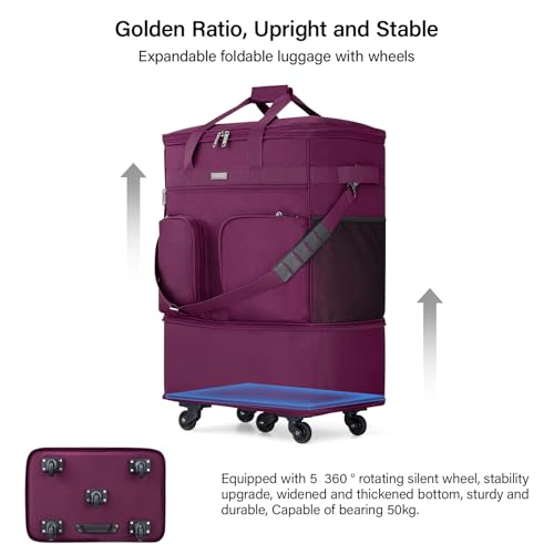 Hanke Expandable Large Suitcase 4 Wheels Lightweight Collapsible,Foldable Suitcases &Travel Bags Hand Luggage Extend 20/24/28 inch Suitcases Duffel Bag Without Telescopic Handle for Men & Women - color: Purple Upgrade Version 2
