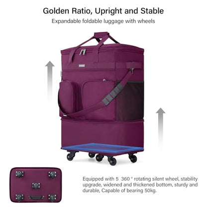 Hanke Expandable Large Suitcase 4 Wheels Lightweight Collapsible,Foldable Suitcases &Travel Bags Hand Luggage Extend 20/24/28 inch Suitcases Duffel Bag Without Telescopic Handle for Men & Women - color: Purple Upgrade Version 2