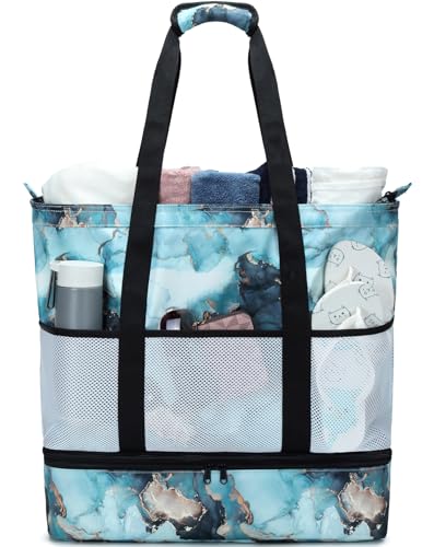 JIANYA Beach Bag Women Waterproof Sandproof Beach Tote Bags with Cooler Top Zipper Large Totes for Pool Travel Daily - color: Marble Blue