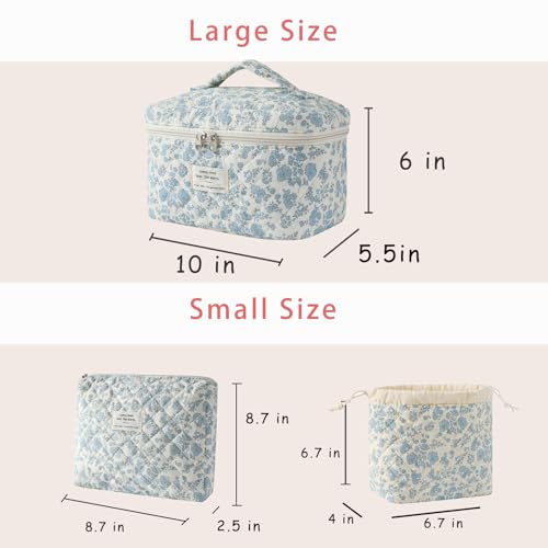 3pcs Large Cotton Quilted Makeup Bag Set,Coquette Aesthetic Cute Travel Toiletry Bag,Drawstring Gift Bag for Women and Girls(3Pcs Light Blue) - color: 3Pcs Light Blue